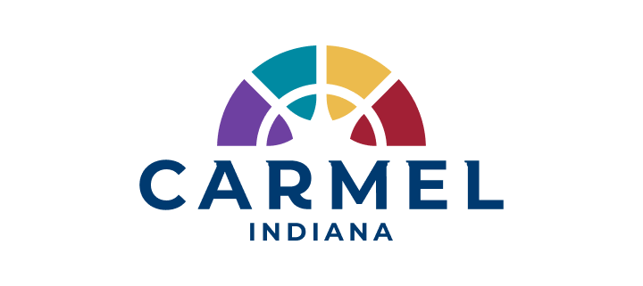 Carmel, Indiana logo featuring a multicolored semicircle emblem above the word CARMEL with INDIANA beneath.